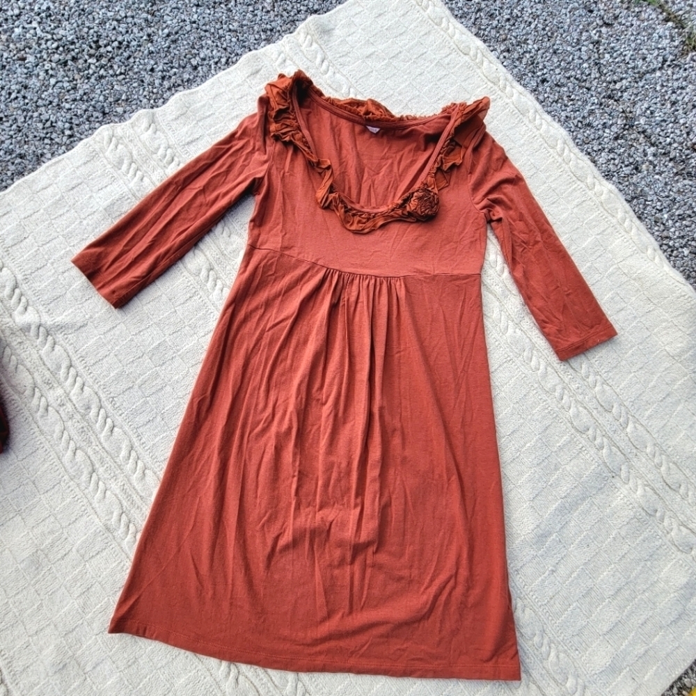 J Crew Cotton Modal Empire Waist Jersey Dress Ruffle Flower Neck size S Orange